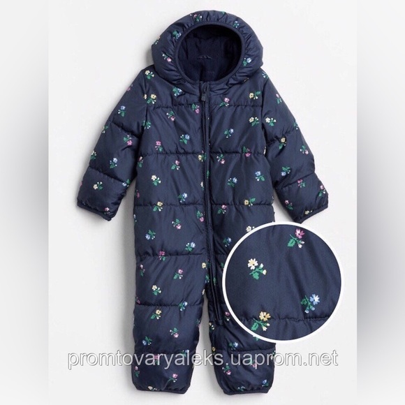 Gap Baby Puffer One-Piece Navy floral snow suit insulated 12/18m - Picture 1 of 2
